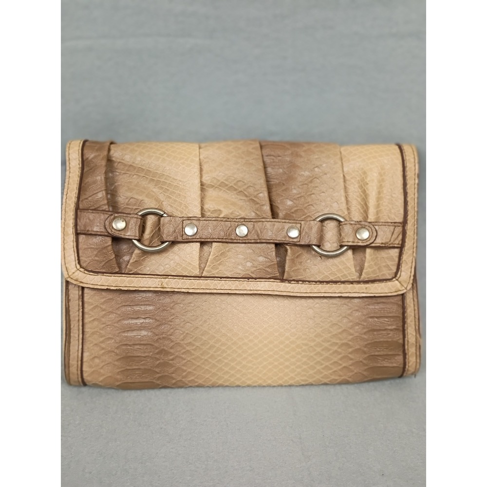 Vintage Snakeskin Embossed Envelope Clutch Tan Brown Pleated Studded Handbag